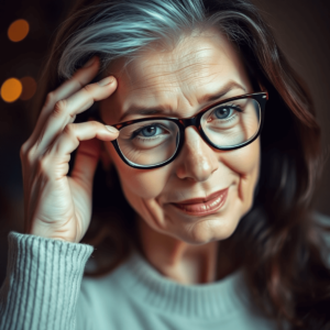 Close-up of a mature woman wearing stylish eyeglasses, gently touching her temple with a thoughtful expression, bathed in soft warm light.