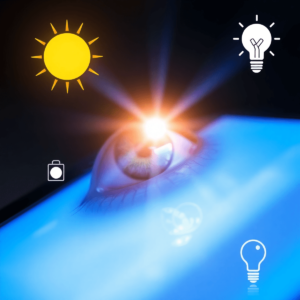 Close-up of an eye reflecting a bright digital screen emitting blue light, surrounded by icons of sunlight and LED bulbs representing natural and a...