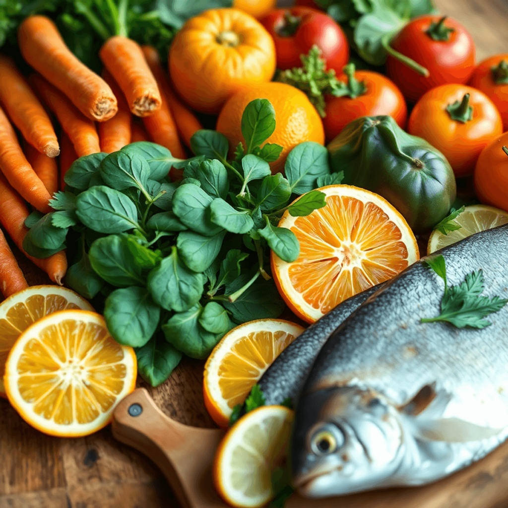 Close-up of colorful fresh fruits, vegetables, and fish arranged on a wooden table with soft natural lighting.
