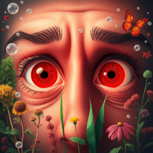 Close-up of red, irritated eyes with floating pollen and seasonal plants like trees, grass, and ragweed, representing seasonal allergic conjunctivi...