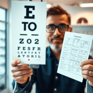 Close-up of a modern eye chart and an optometrist holding a vision test report in a bright optical clinic.